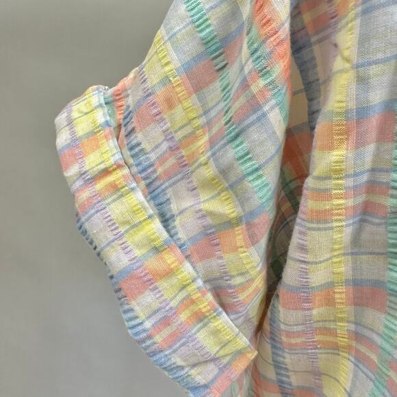 Vintage 80s plaid pastel seersucker roll short sleeve button up top small/medium - Picture 8 of 13
